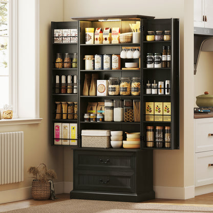 72" LED Kitchen Pantry Cabinet, Buffet Storage Cabinet with 10 Door Shelves, 2 Drawers and Adjustable Shelves, Black