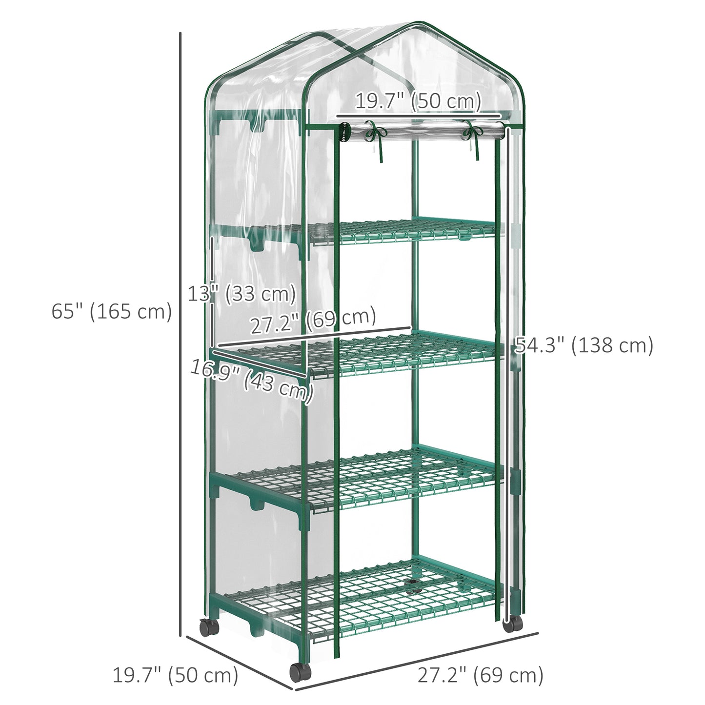 27" x 20" x 65" Portable Greenhouse with 4 Tier Shelves and Wheels, Outdoor Hot House Plant Flower Greenhouse, Steel Fra