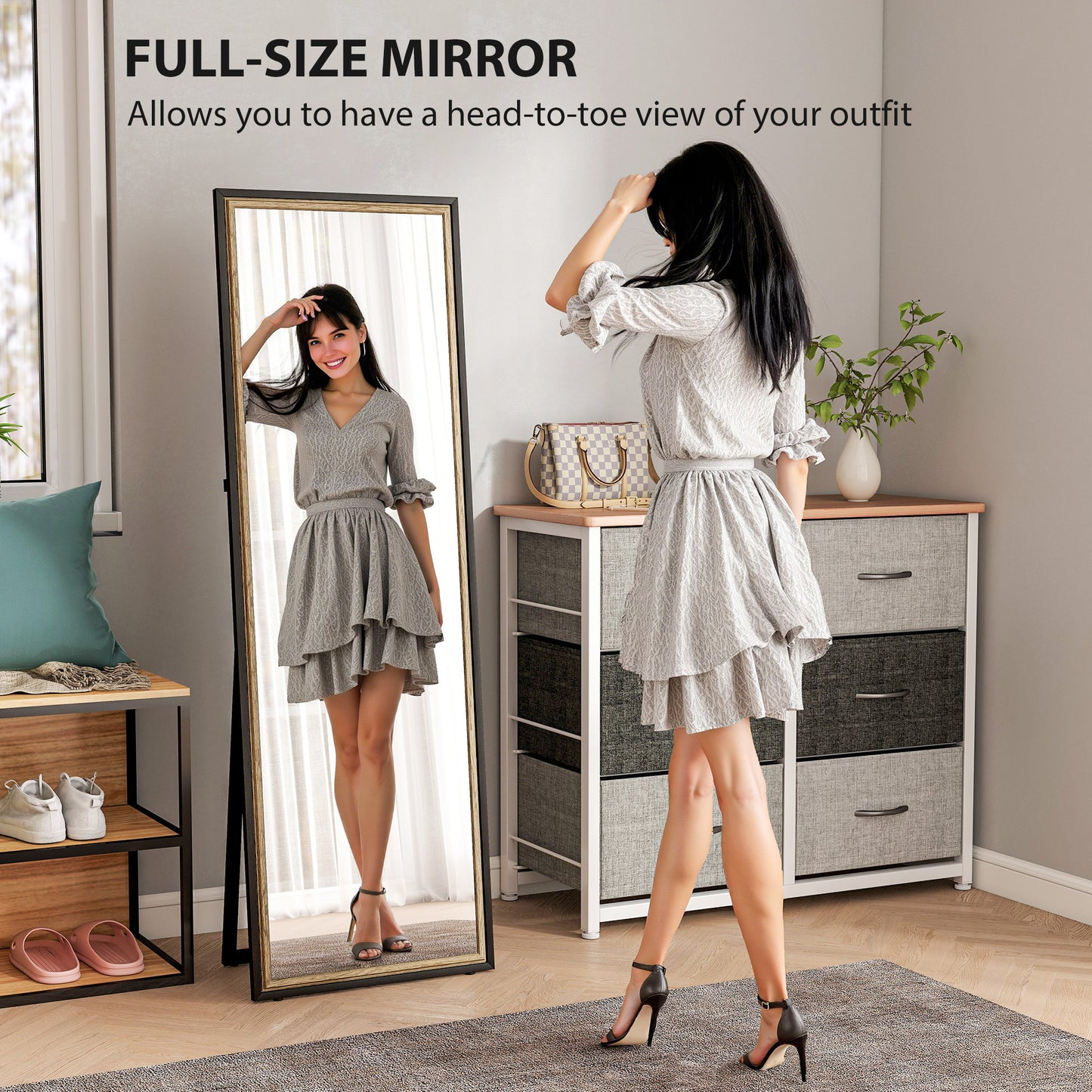 Full Length Mirror, 64" x 21" Rectangle Full Body Mirror with Dual-Tone Frame for Bedroom, Black