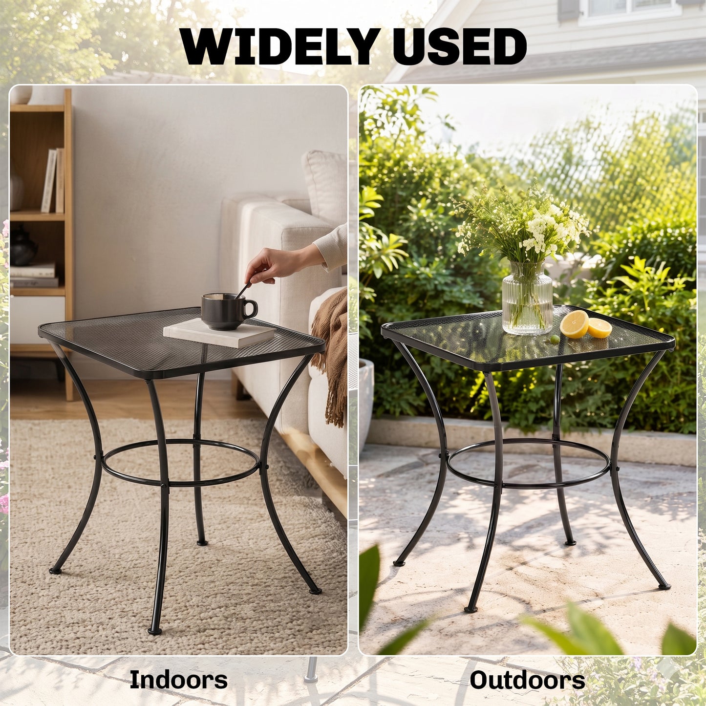 Square Outdoor Side Table, Metal Outdoor Patio Table, Garden Coffee Side Bistro Tables with Mesh Grid Top for Balcony, P