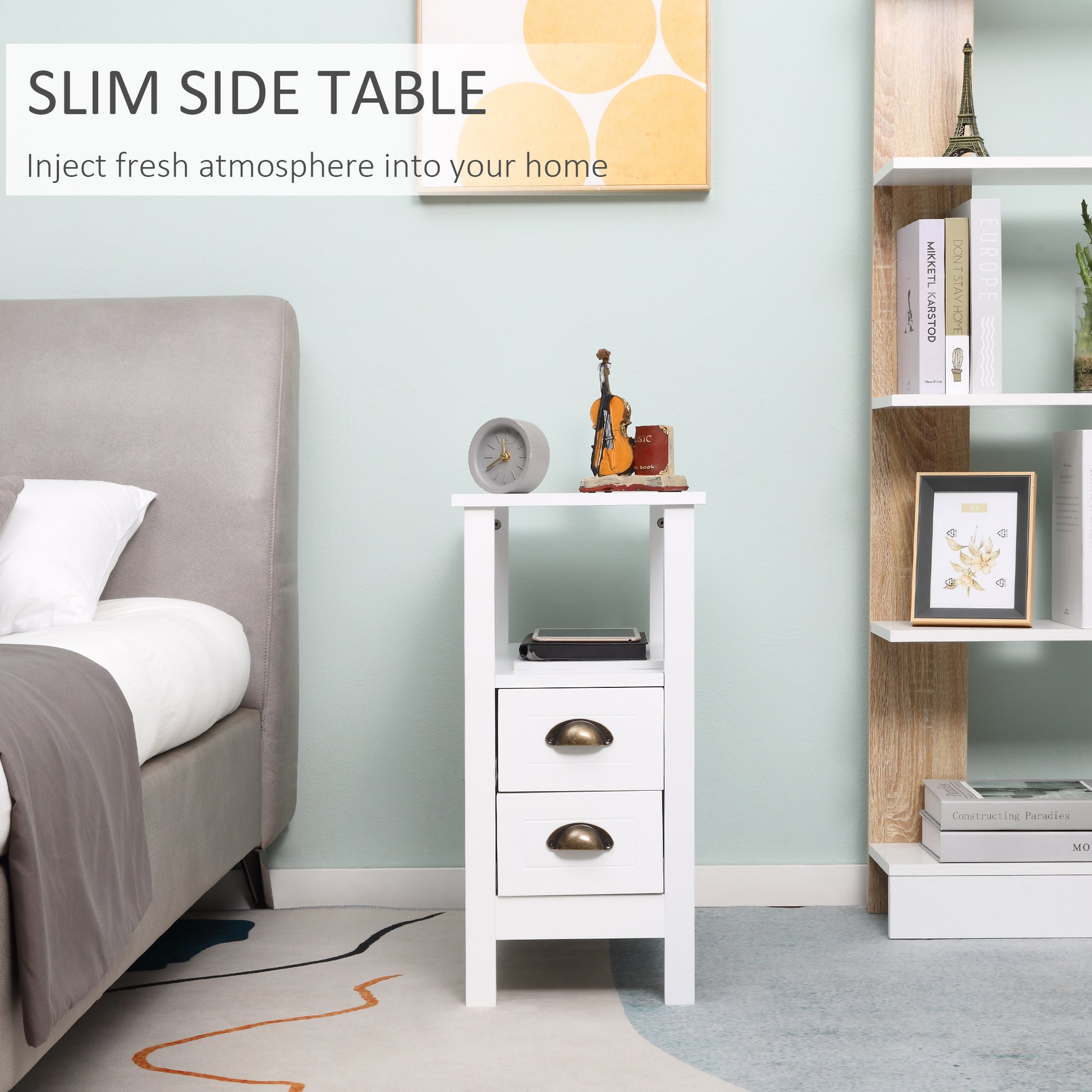 Slim End Table with 2 Drawers and Storage Shelf, Sofa Side Table for Living Room, Narrow Nightstand, White