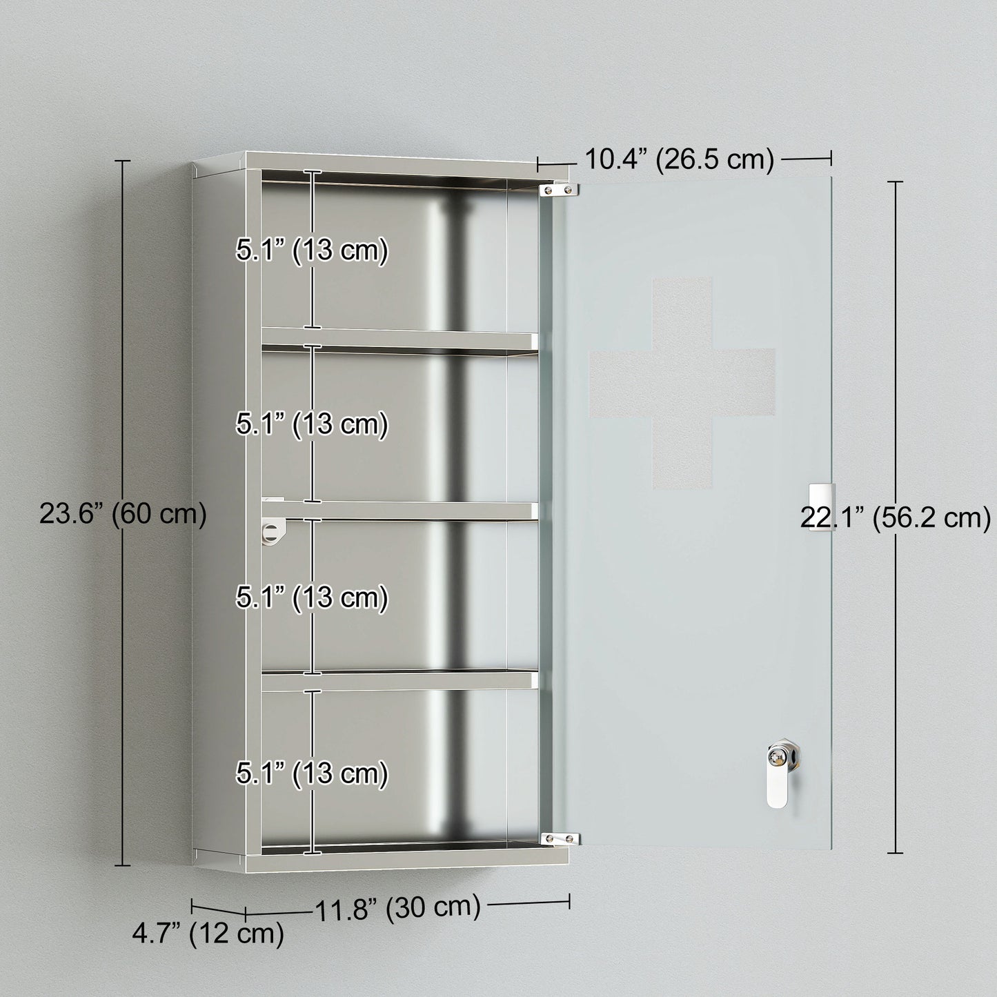Wall Mount Medicine Cabinet, Bathroom Cabinet with 3 Tier Shelves, Stainless Steel Frame and Glass Door, Lockable with 2