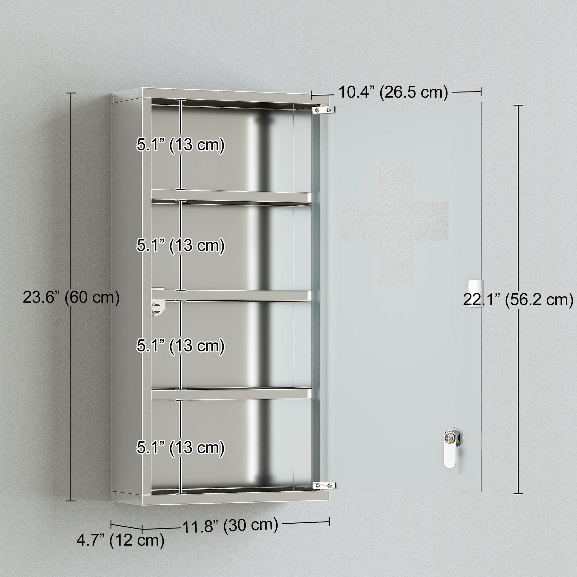Wall Mount Medicine Cabinet, Bathroom Cabinet with 3 Tier Shelves, Stainless Steel Frame and Glass Door, Lockable with 2