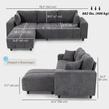 Sectional Couch with Integrated Seat, 3 Seater L-Shaped Sofa with Changeable Chaise, Spring Cushion, 2 Pillows, Grey