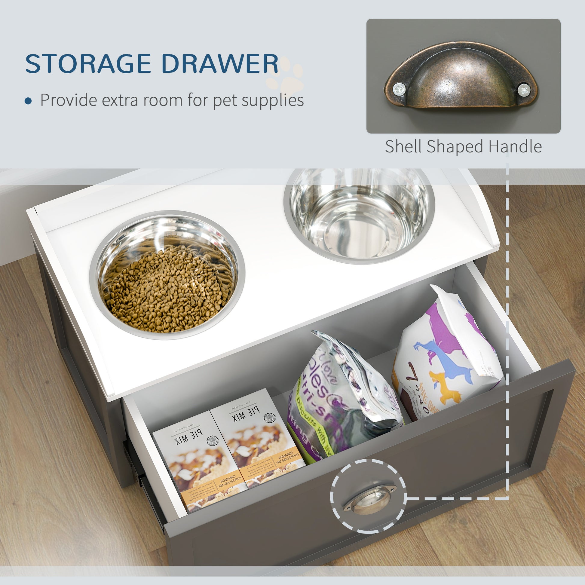 Elevated Dog Bowls Raised Pet Feeding Station with Storage 2 Stainless Steel Bowls, 23.6"x11.8" x14.2", Grey