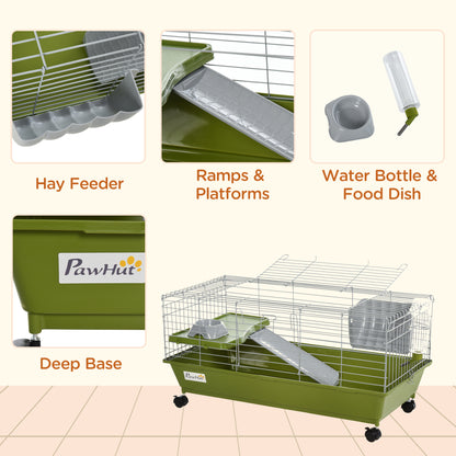 Small Animal Cage, Rolling Bunny Cage, Guinea Pig Cage with Food Dish, Water Bottle, Hay Feeder, Platform, Ramp, Green