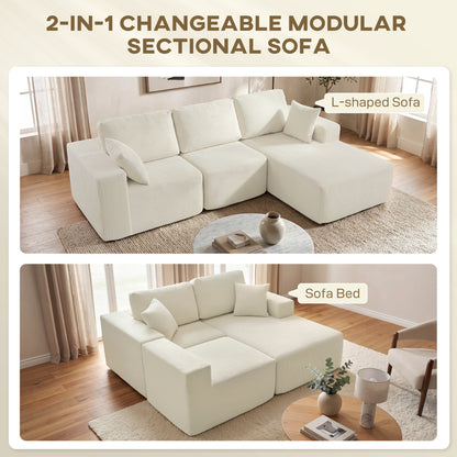 Cream White Modular Sofa, 2-in-1 L Shaped Couch Sofa Bed