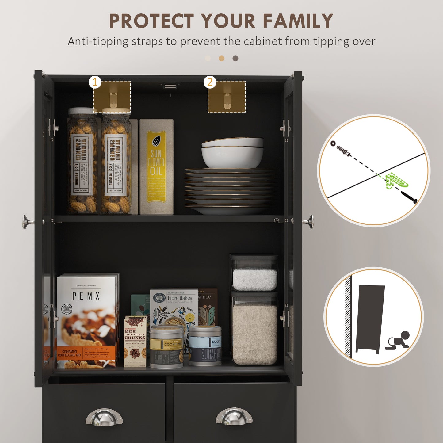 61" Kitchen Pantry Cabinet, Freestanding Farmhouse Buffet Storage Cabinet with Soft Close Glass Doors and Adjustable She