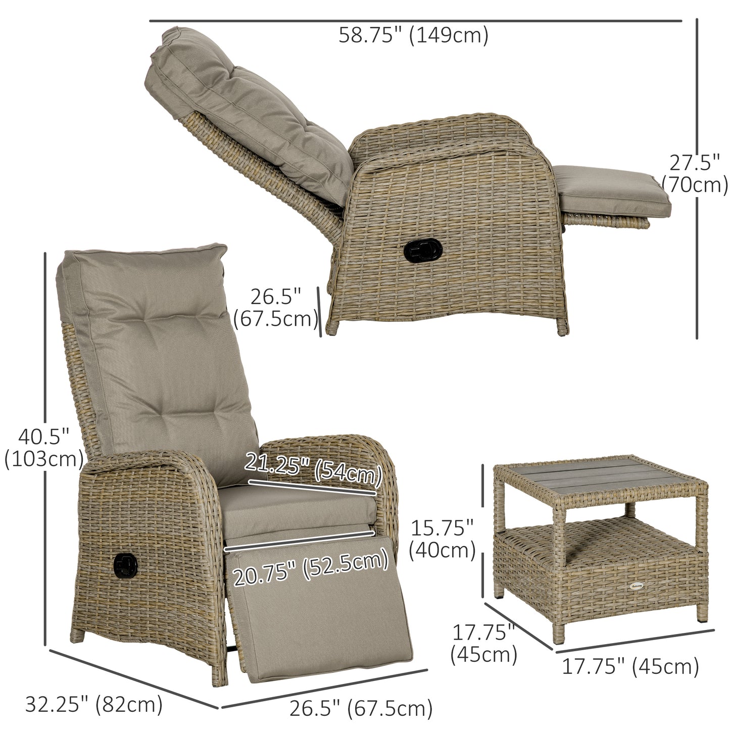 3 Pieces Patio Wicker Bistro Set, PE Rattan Coffee Table & Adjustable Recline Chairs Furniture Set with Cushions and Woo