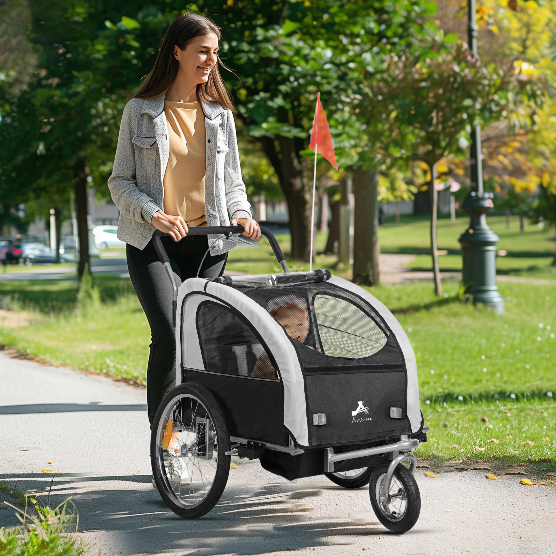 VarietyKart 2-in-1 Bike Trailer for Kids, Foldable 2-Seat Baby Stroller with 5-Point Harness, Rubber Wheels, Storage Bag