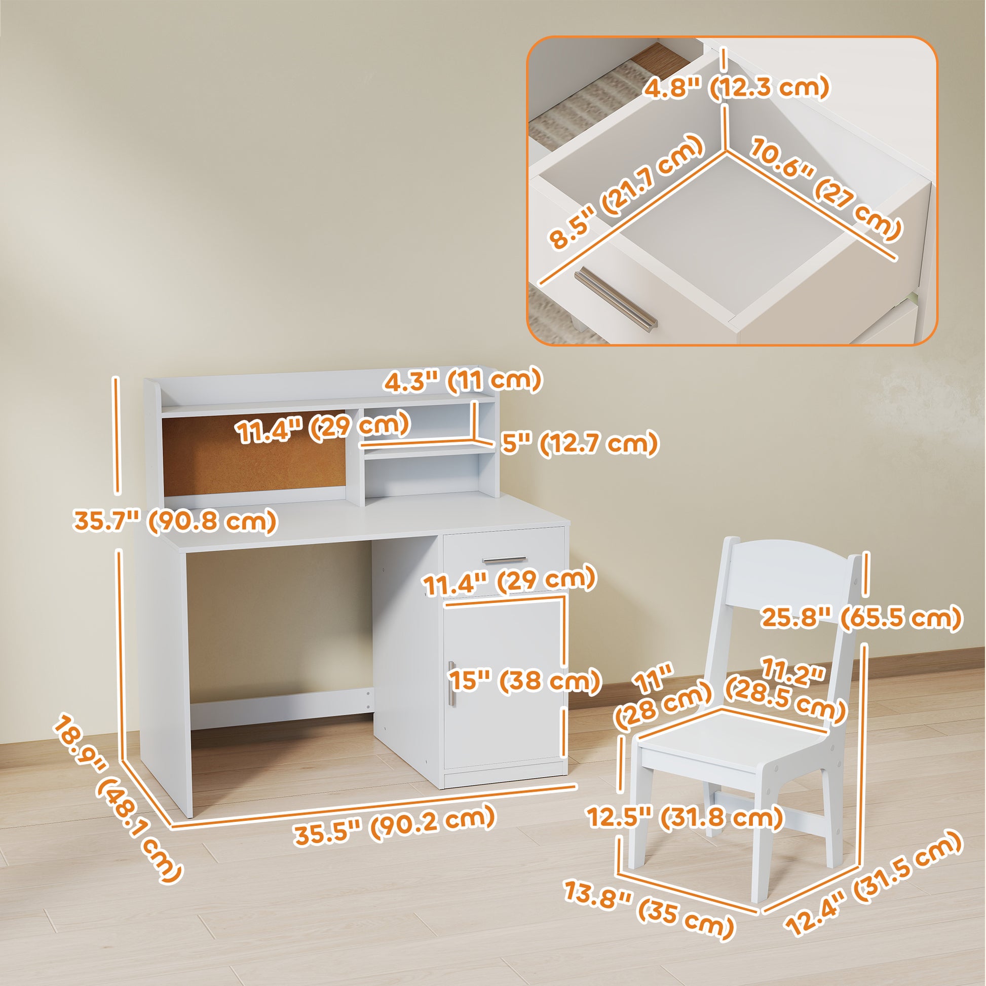 Qaba Kids Desk and Chair Set, Kids Study Table and Chair Set with Storage Hutch, Drawer, Cabinet, Compartments, Cork Boa