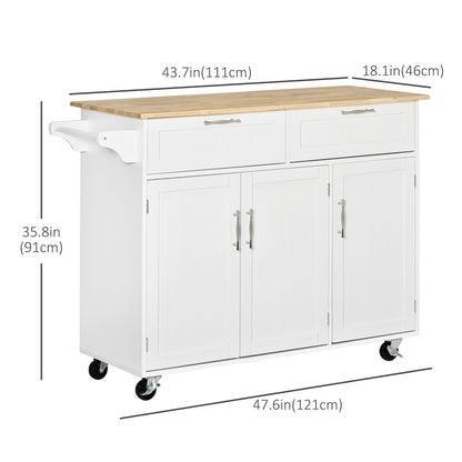 48" Kitchen Island with Storage and Solid Wood Top, Rolling Kitchen Cart on Wheels with 2 Storage Drawers, 3 Doors and T