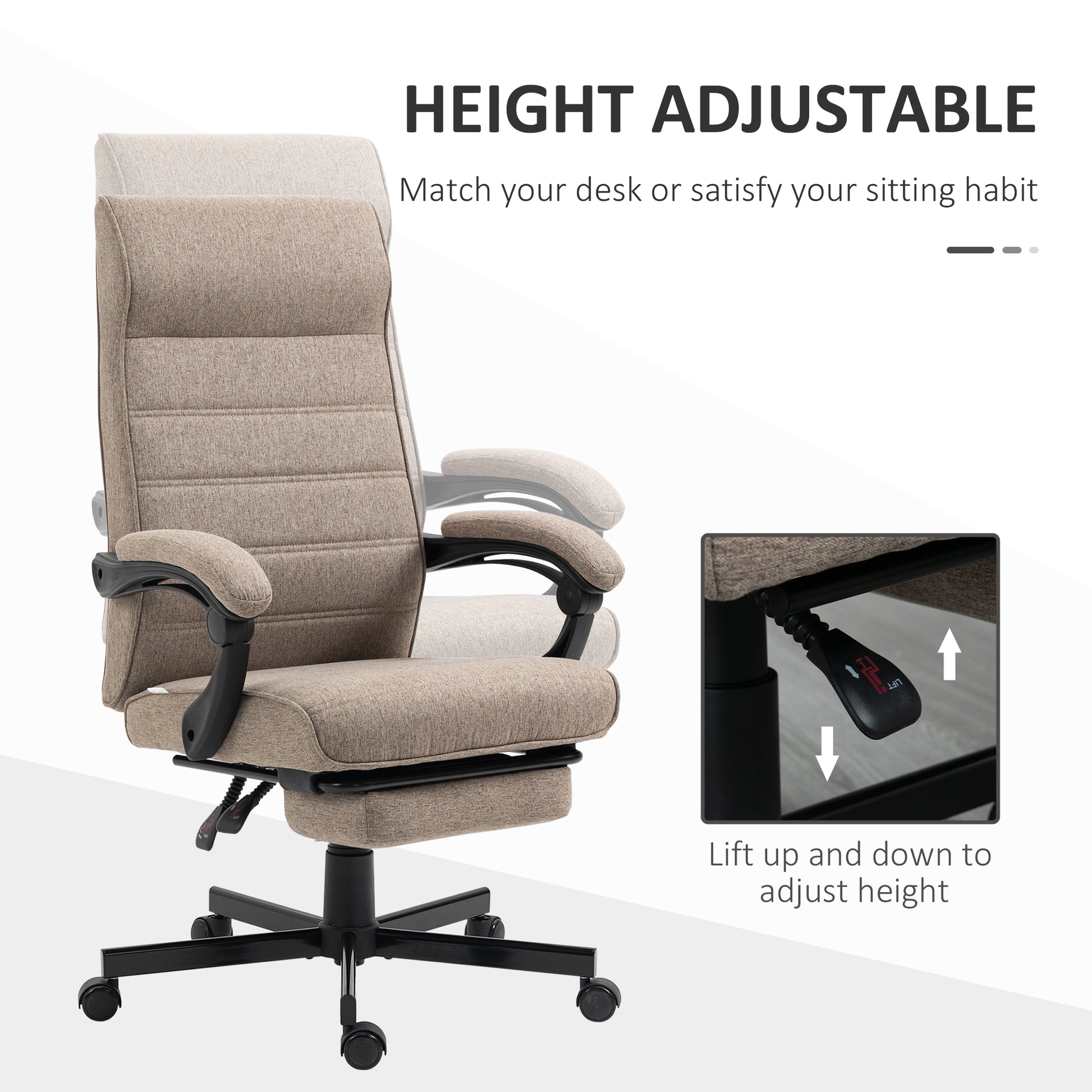 Office Chair, Linen High Back Computer Desk Chair, Swivel Recliner with Adjustable Height, Footrest and Padded Armrest, 