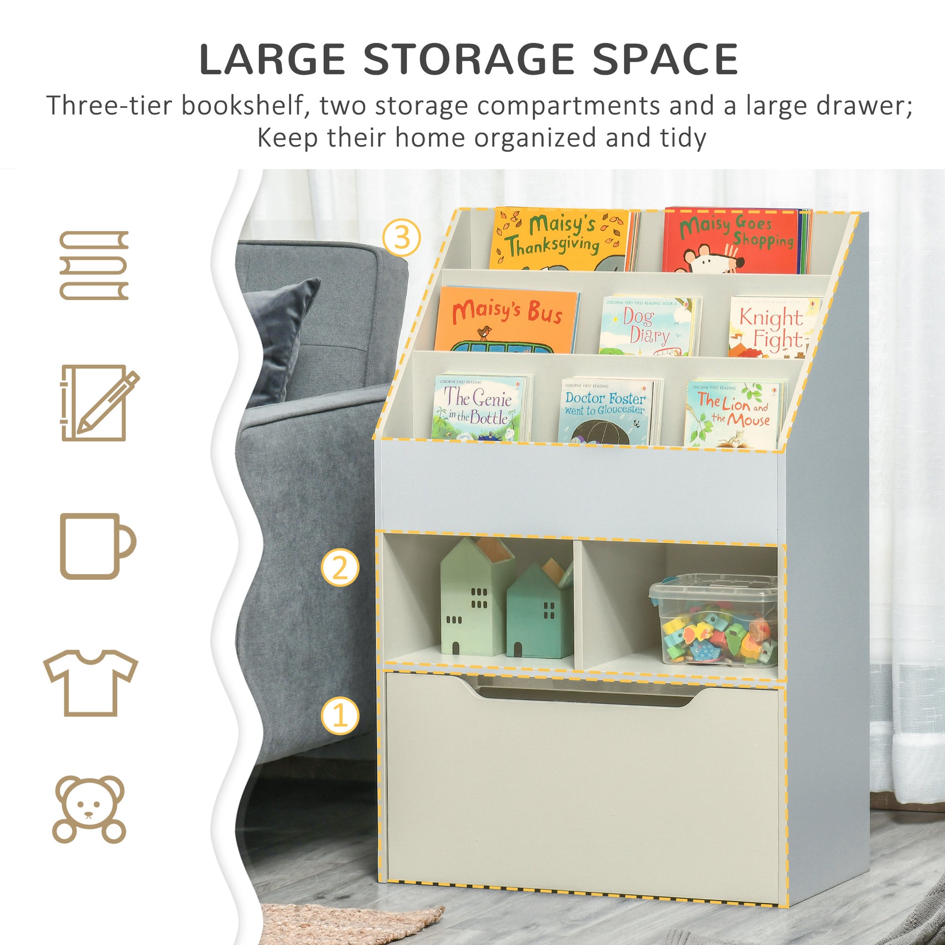 Kids Bookcase Multi-Shelf Rack Organizer with Storage Drawer for Books for Reading Nook, Classroom, Bedroom, Playroom, G