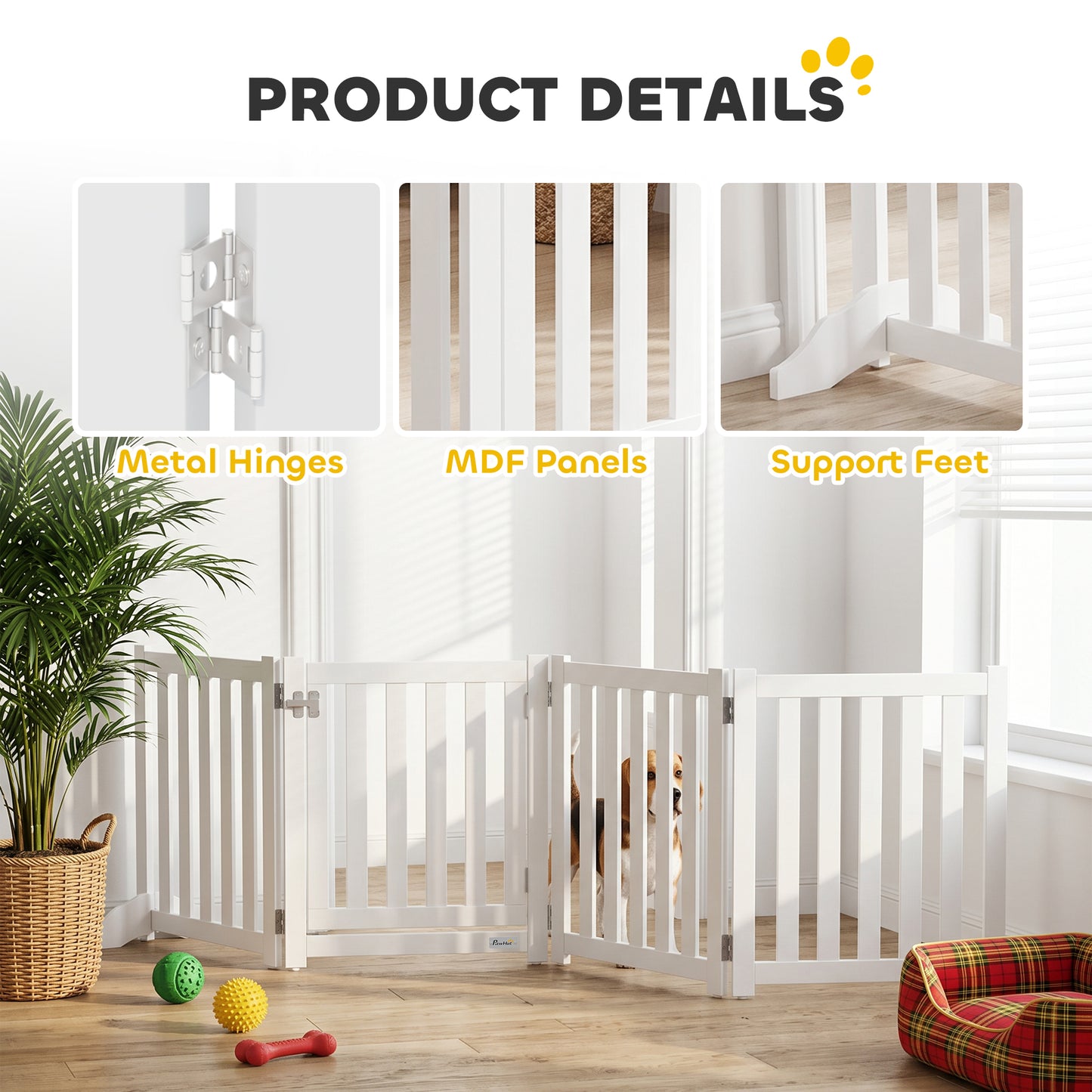 23.5"H Foldable Dog Gate with Door, 4 Panels Freestanding Pet Gate Barriers Indoor with Support Feet, Puppy Fence for Do