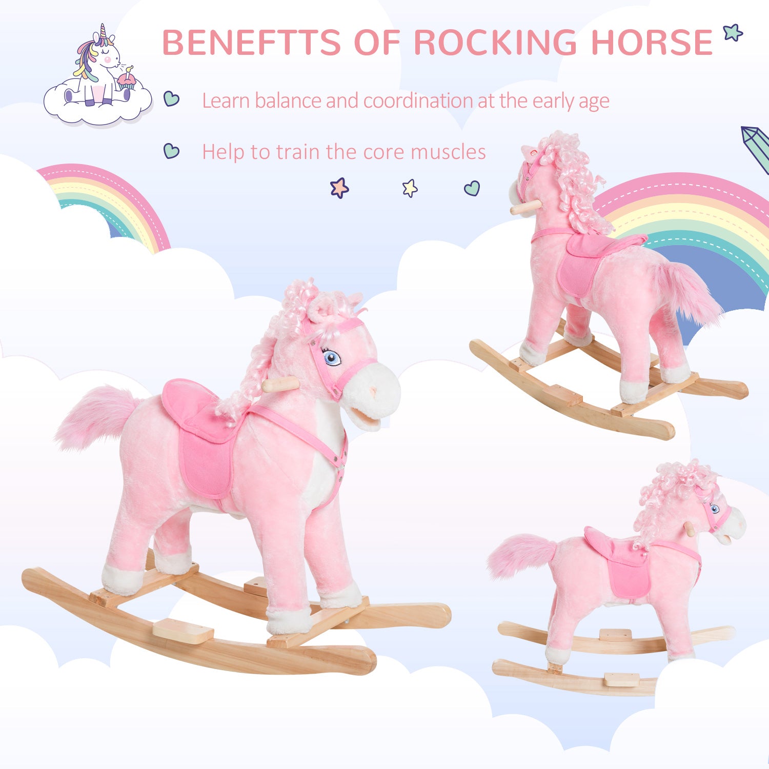 Qaba Kids Plush Rocking Horse Child Ride On Toy Rocker with Realistic Sounds Pink
