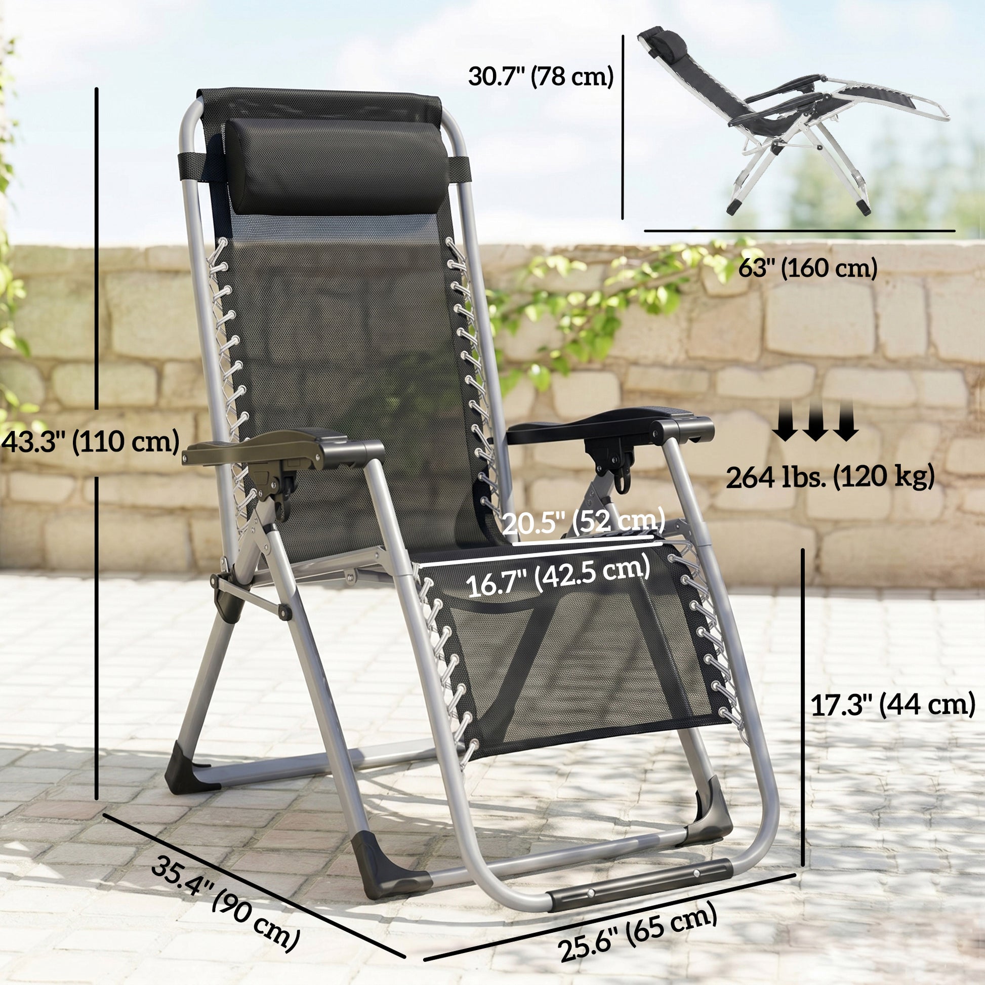 Reclining Zero Gravity Chair with Adjustable Backrest, Folding Garden Sun Lounger, Outdoor Recliner with Removable Cushi