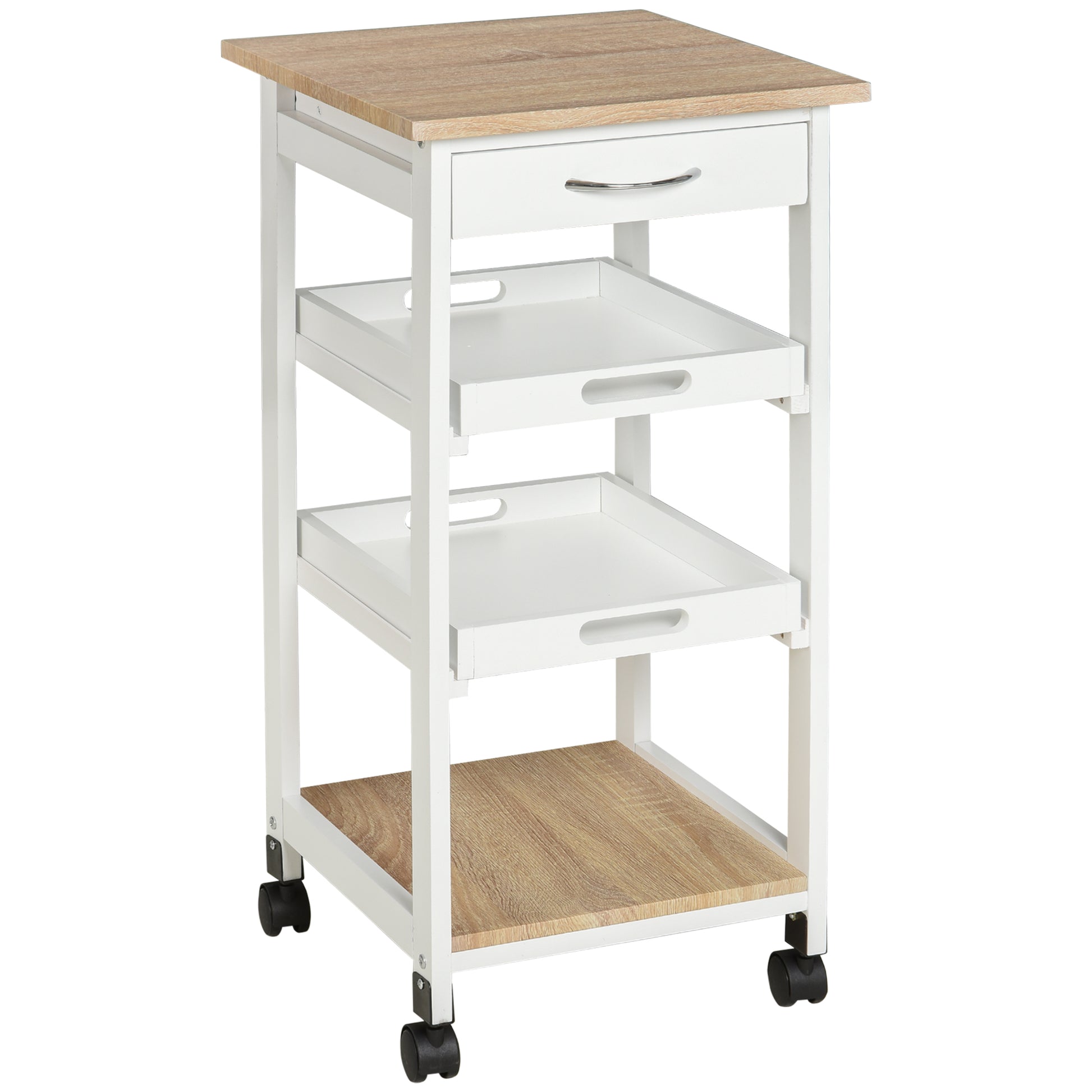 Bar Cart, 4-Tier Kitchen Cart with Removable Serving Tray, Kitchen Shelves on Wheels with Drawer for Dining Room, Living