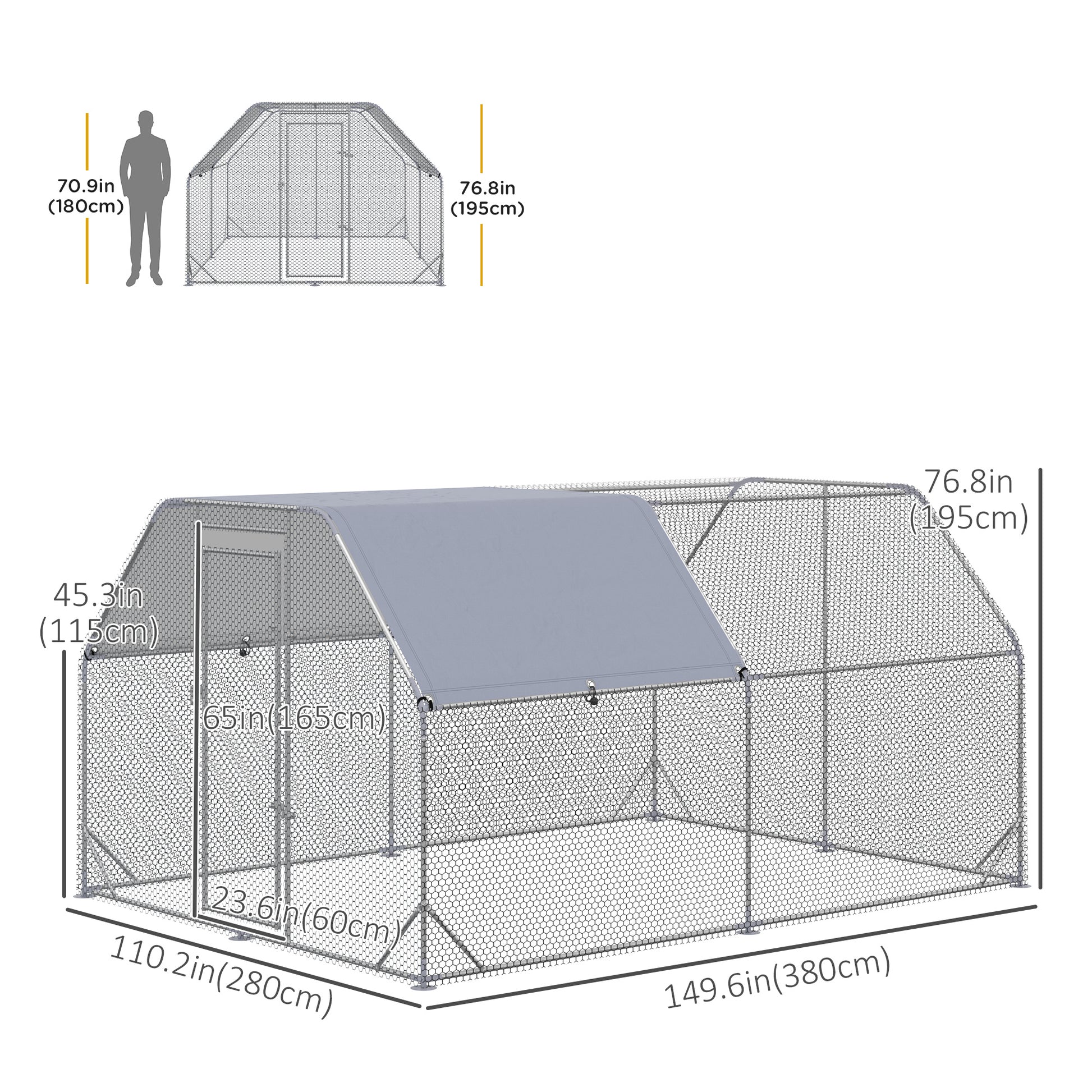 Chicken Run Outdoor, Galvanized Large Metal Chicken Coop Cage, Walk-in Enclosure Poultry Hen Run House Playpen Rabbit Hu