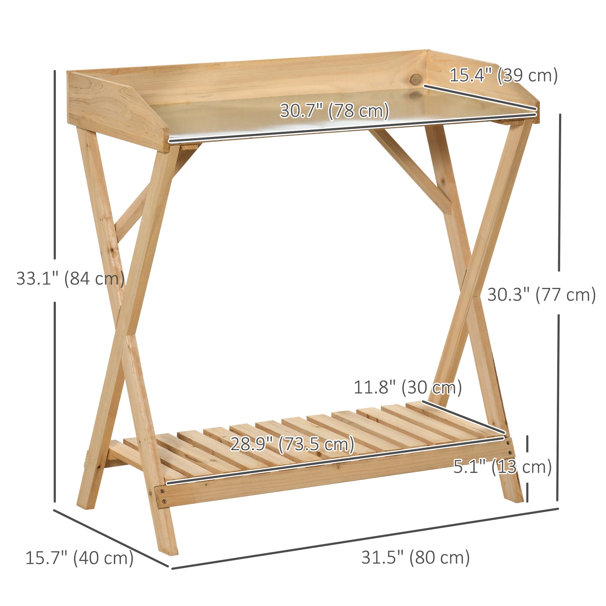 Garden Potting Bench Table, Wooden Work Station, Outdoor Planting Workbench w/ Galvanized Metal Tabletop and Storage She