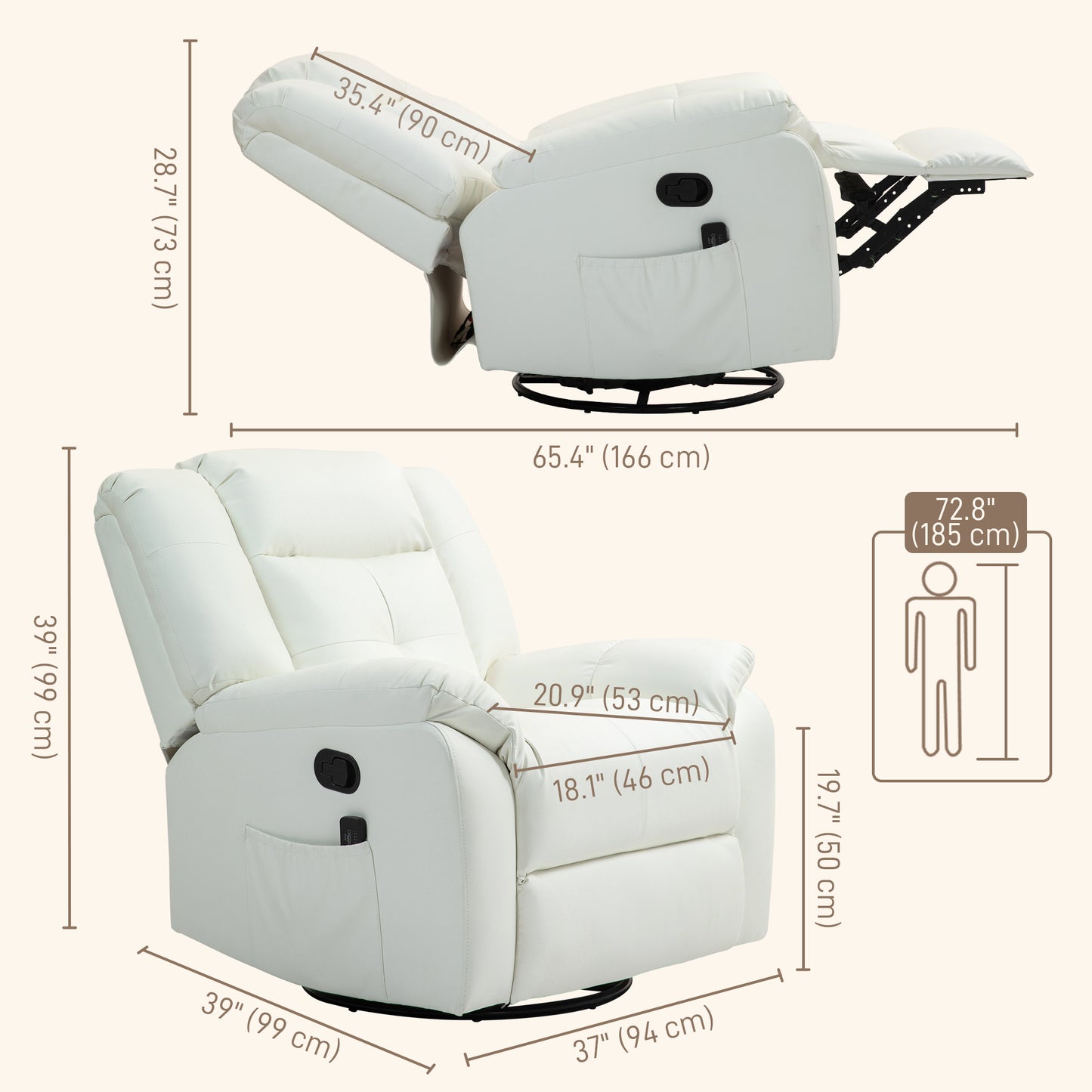 8-Point Vibration Massage Recliner Chair with Comfor Padding, Remote Control, Side Pockets, Swivel Nursery Rocking Chair