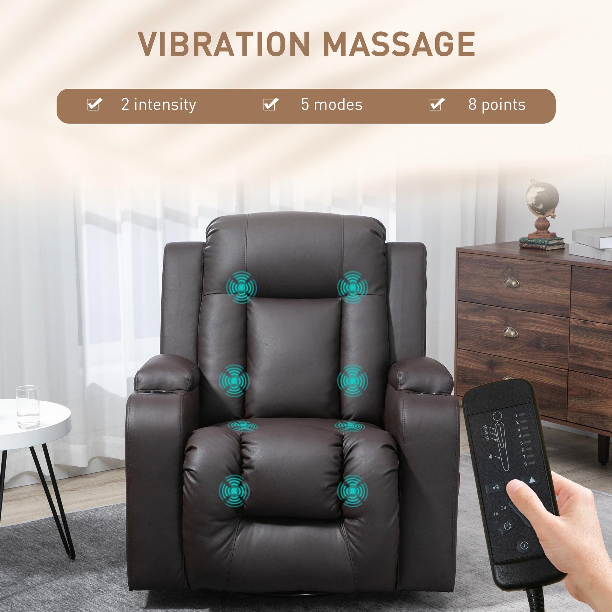 Swivel Massage Recliner Chair Rocker, Overstuffed Manual Reclining Sofa, PU Leather Rocking Chair with Side Pockets, Cup