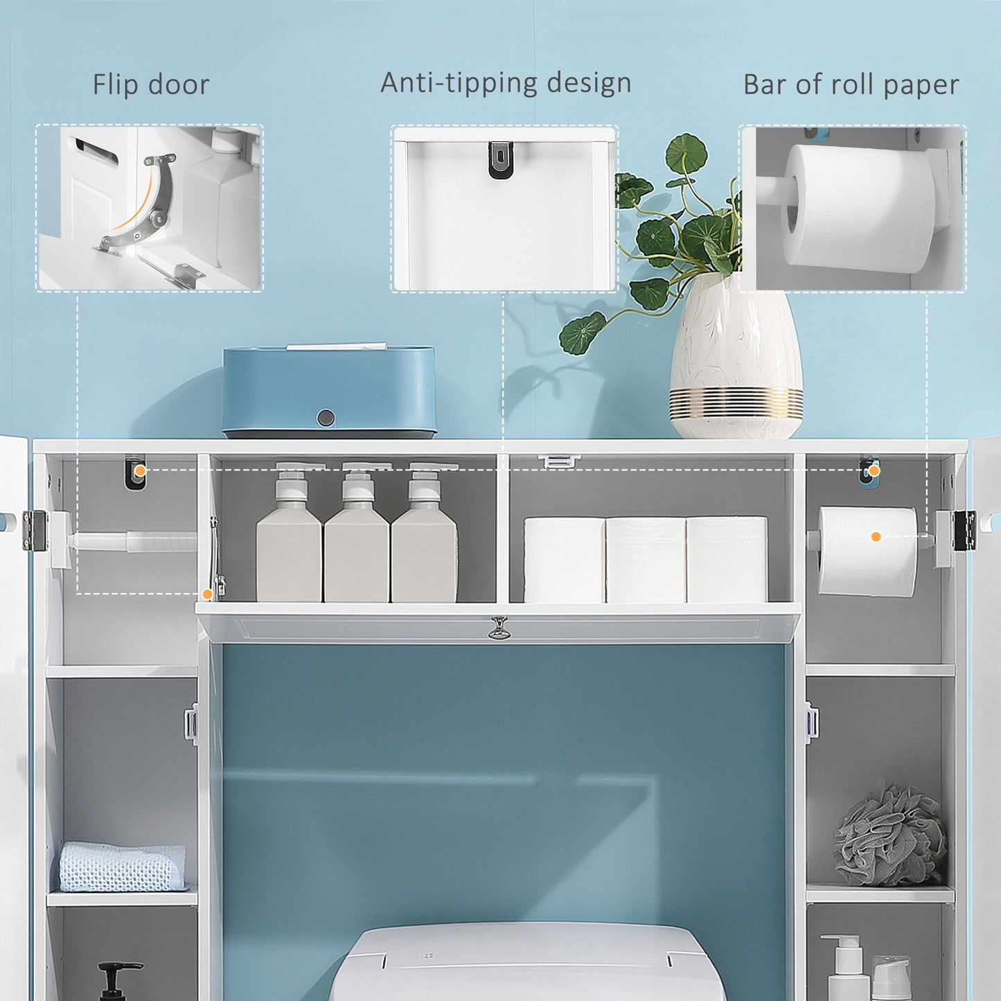 Over the Toilet Storage Cabinet, Freestanding Bathroom Organizers Cabinet with Flip Up Door and Adjustable Shelves for L