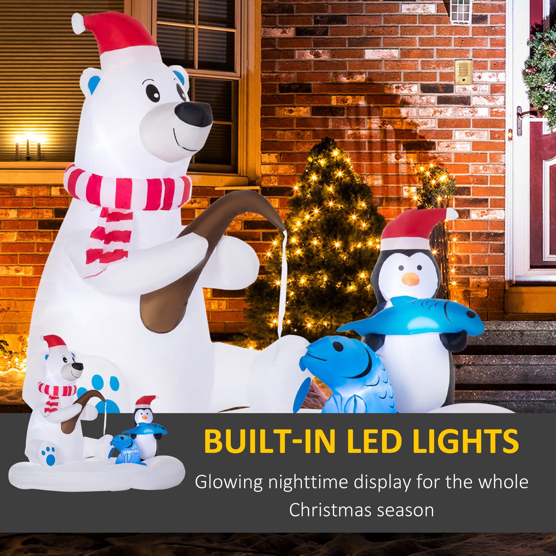 6ft Christmas Inflatable Polar Bear and Penguin with Santa's Hat Fishing on Board, Blow-Up Outdoor LED Yard Display for 
