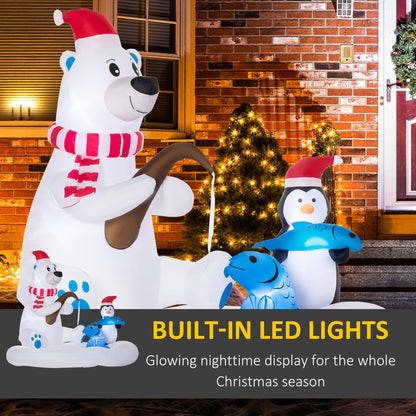 6ft Christmas Inflatable Polar Bear and Penguin with Santa's Hat Fishing on Board, Blow-Up Outdoor LED Yard Display for 
