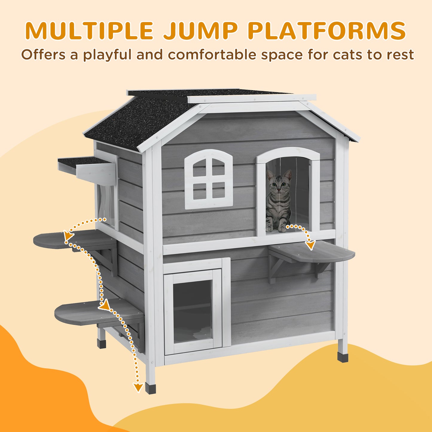 2-Storey Outdoor Cat House, Wooden Catio with Openable Roof, Lounge Space, Fun Entrances, for Feral Cats, Grey