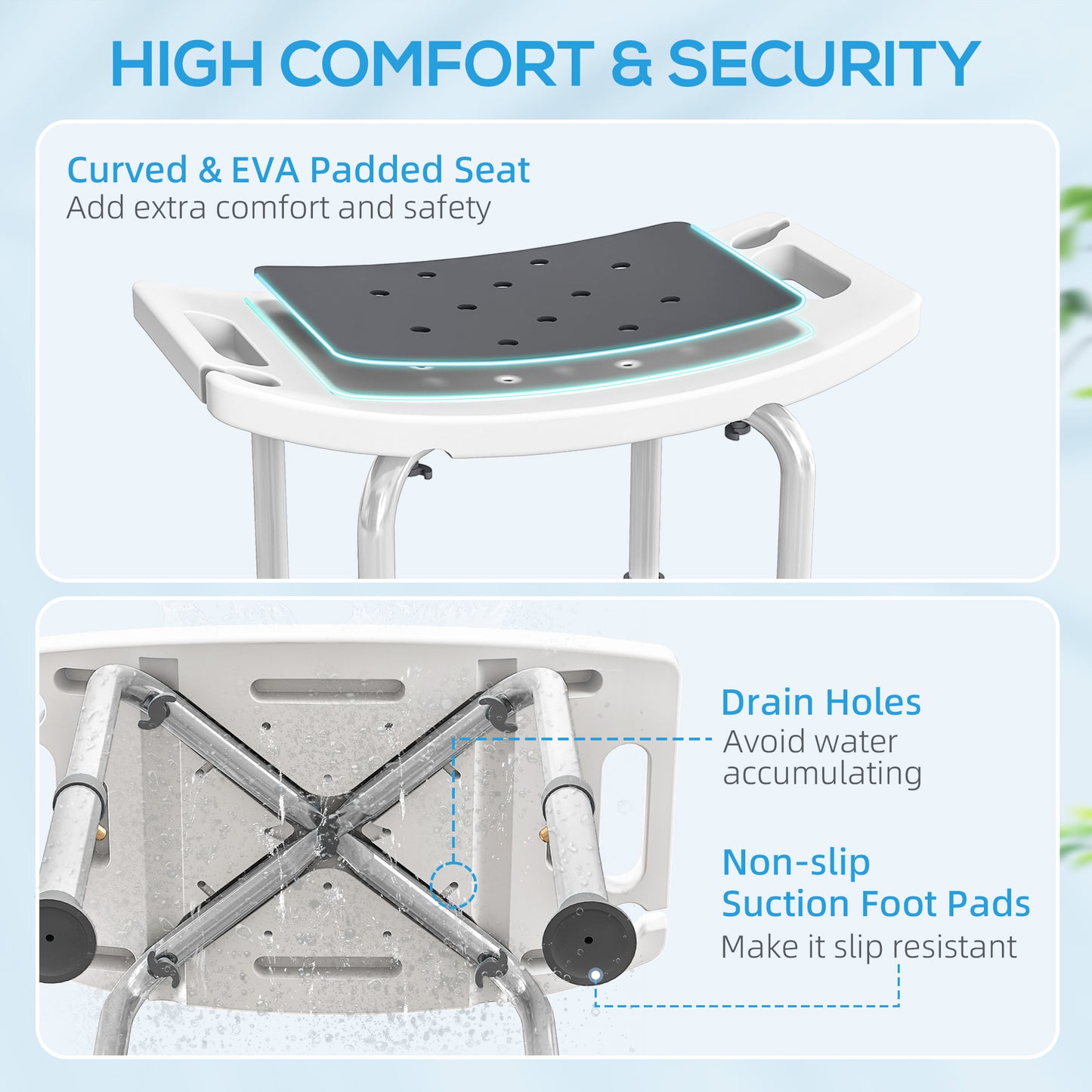 Height Adjustable Shower Chair Padded Bath Seat for Senior,