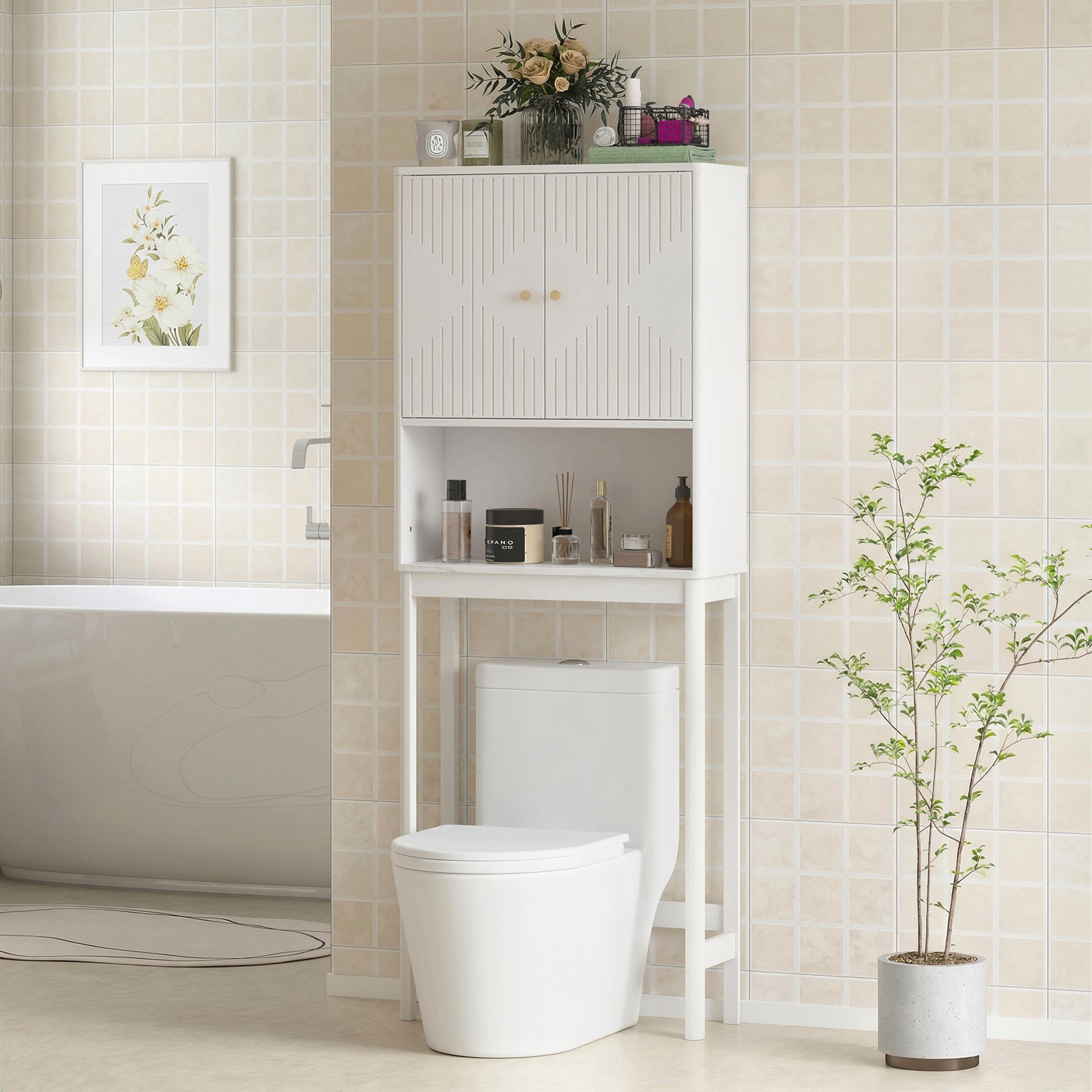 Over The Toilet Storage Cabinet with Adjustable Shelf, Open Shelf and Adjustable Bottom Bar, White