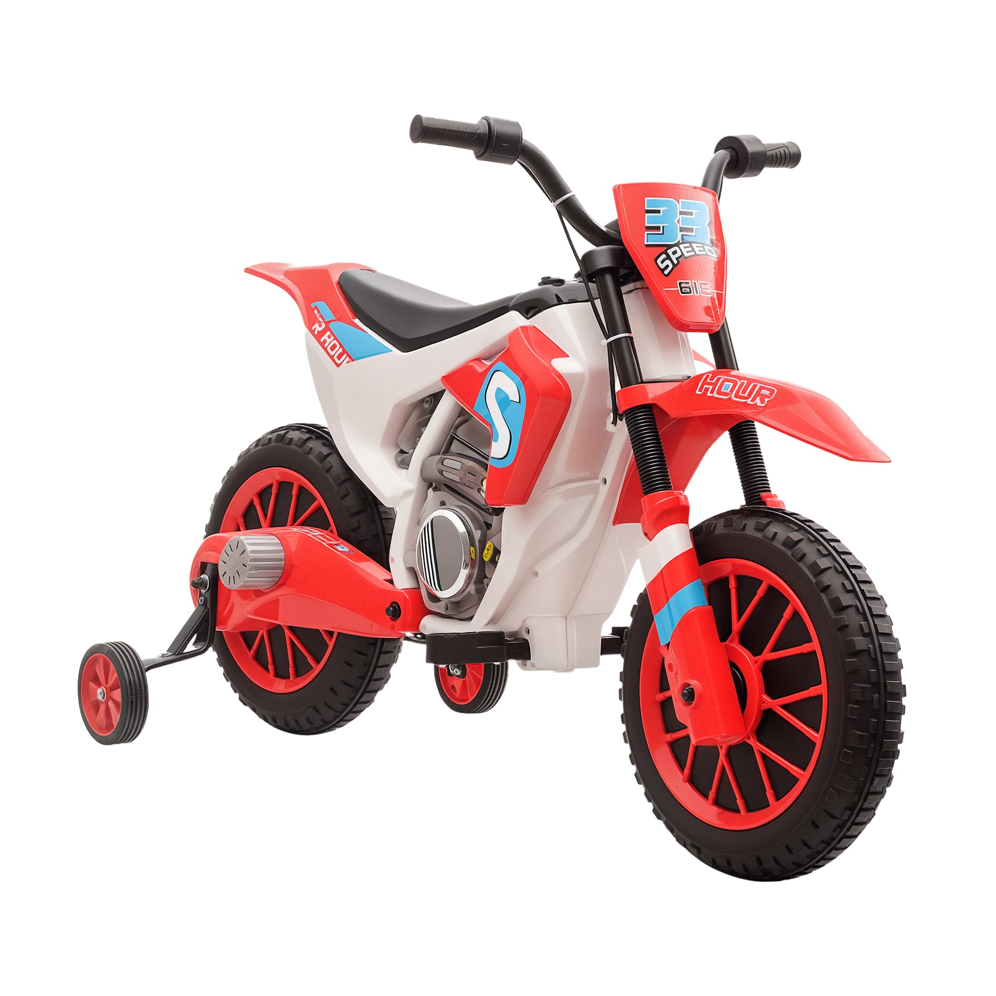 VarietyKart Kids Dirt Bike 12V Battery-Powered Ride-On Electric Motorcycle with Charging Battery, Training Wheels Red