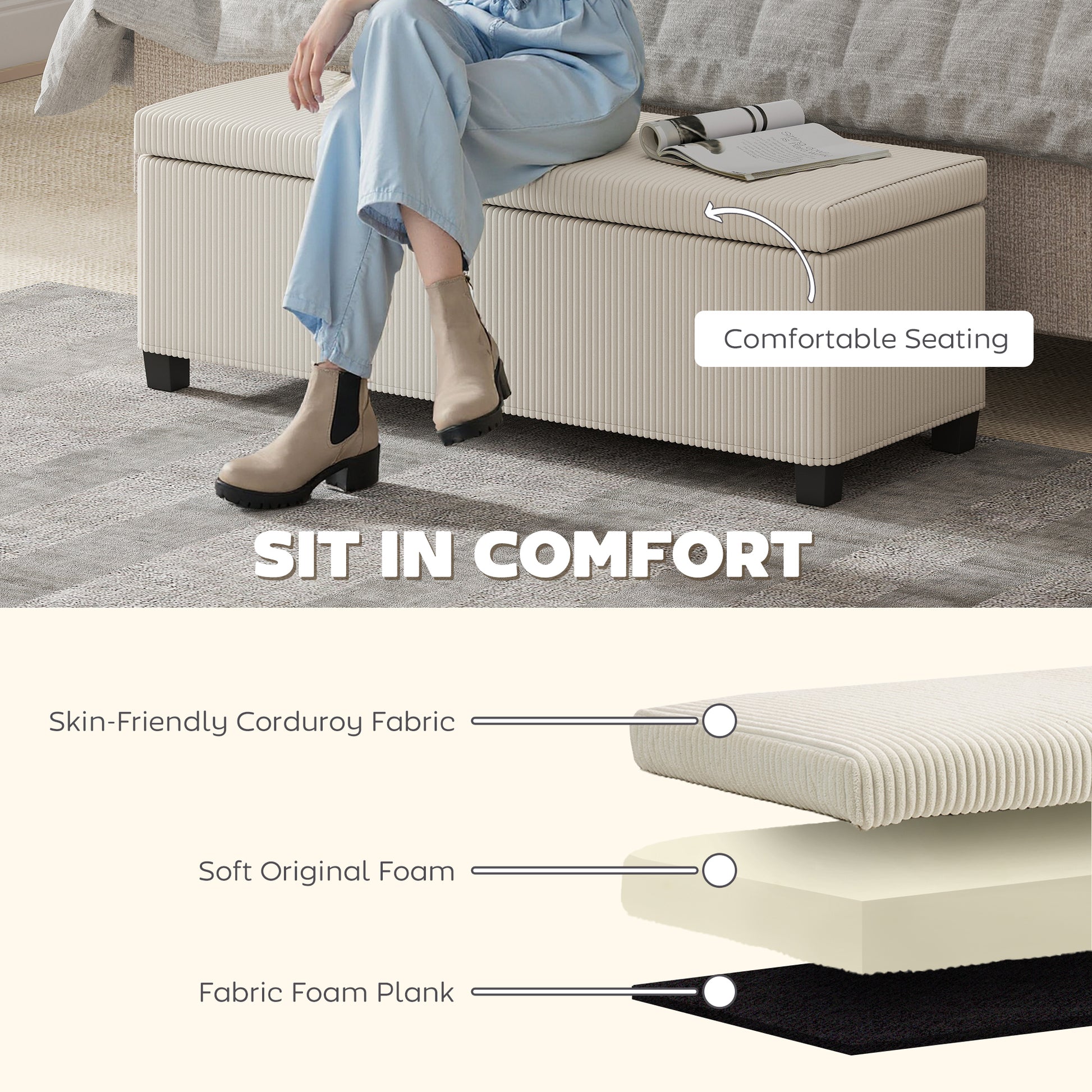 44 Inches Ottoman with Storage, Lid, Legs, Corduroy End of Bed Bench for Living Room, Bedroom, Entryway, Beige