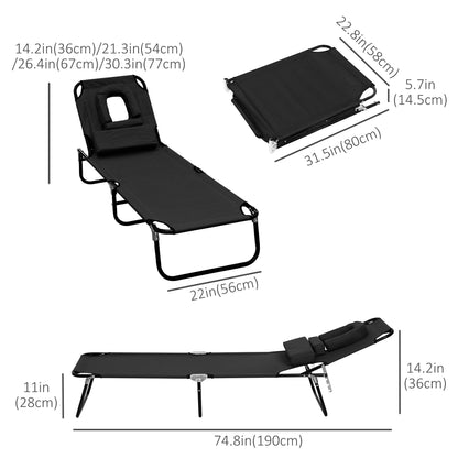 Folding Outdoor Lounge Chair, Portable Reclining Beach Lounger with Face Hole, Detachable Pillow, 4-Position Adjustable 