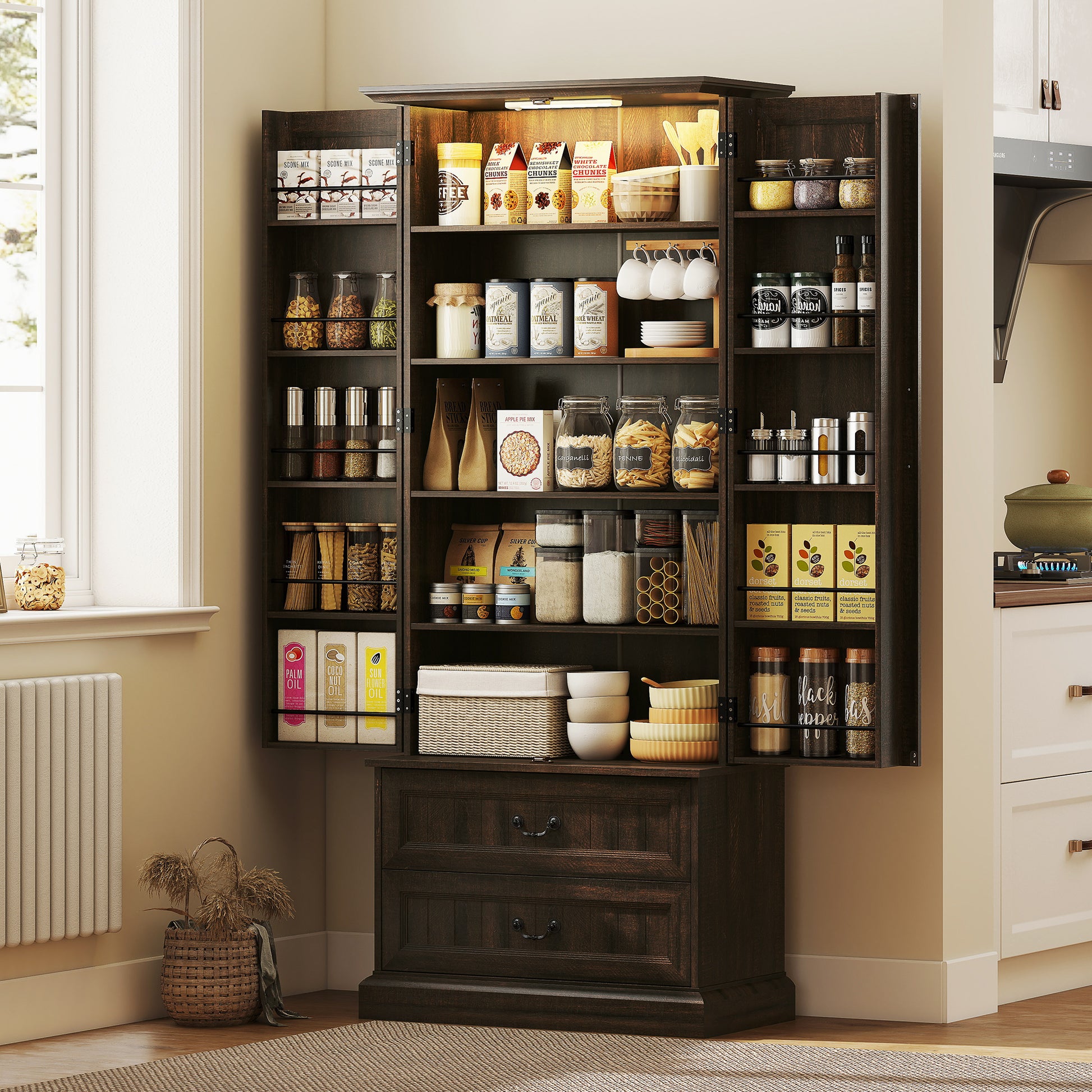 72" LED Kitchen Pantry Cabinet, Buffet Storage Cabinet with 10 Door Shelves, 2 Drawers and Adjustable Shelves, Brown