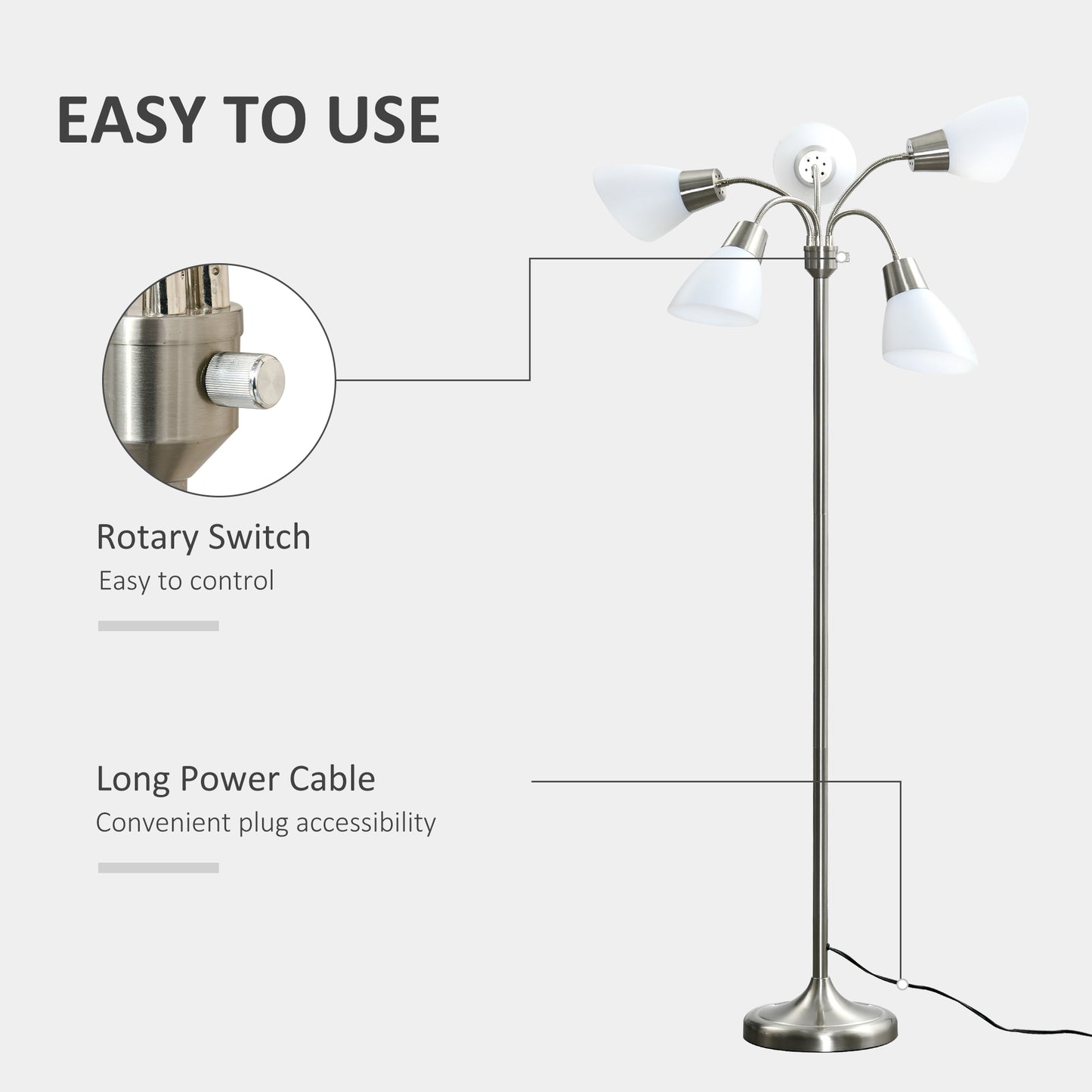 Arc Tree Floor Lamp with 5 Adjustable Rotating Lights, Modern Standing Gooseneck Reading Light for Living Room Bedroom O
