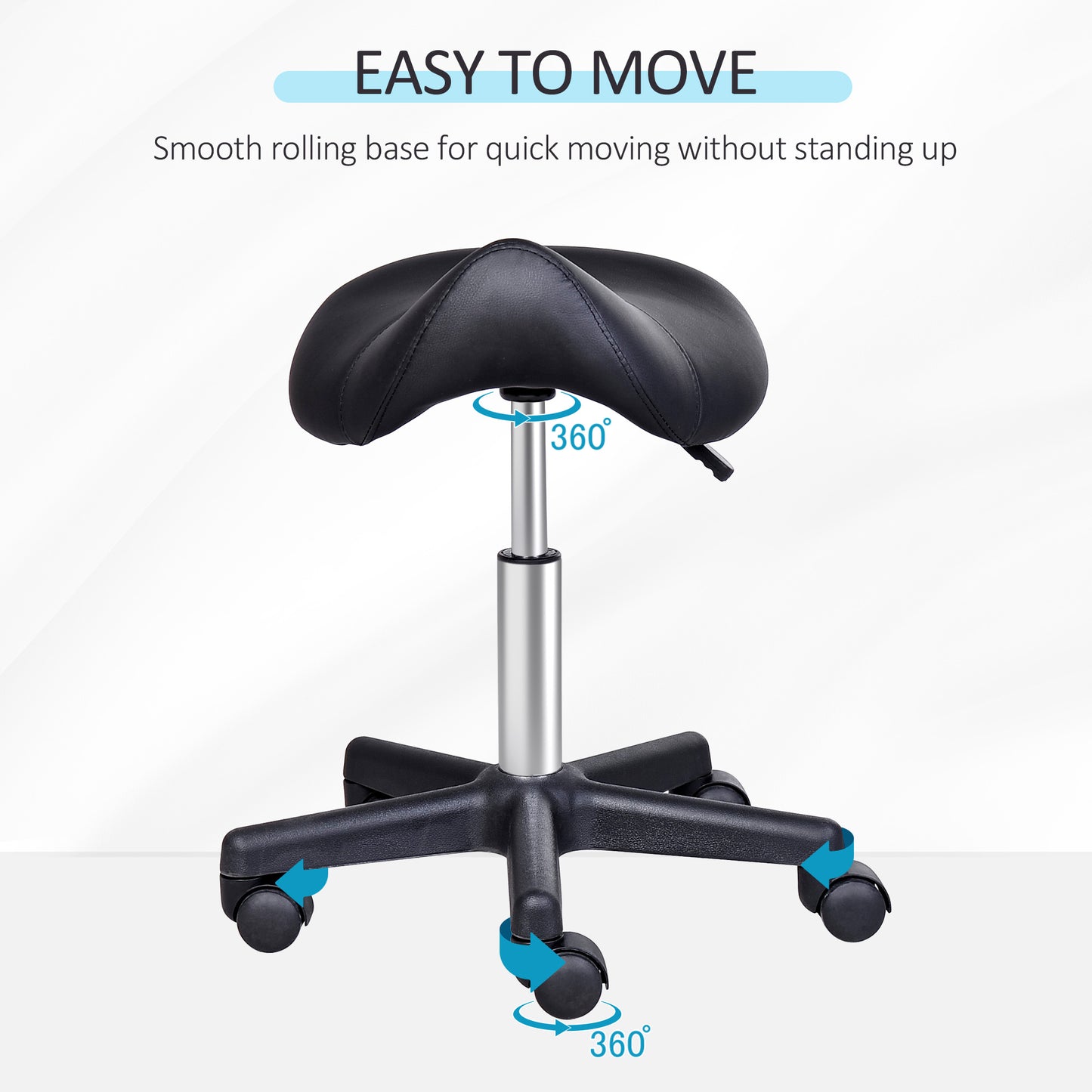 Saddle Stool, PU Leather Rolling Stool with Wheels, Adjustable Salon Chair for Kitchen, Salon Spa, Bar, Home Office, Mas