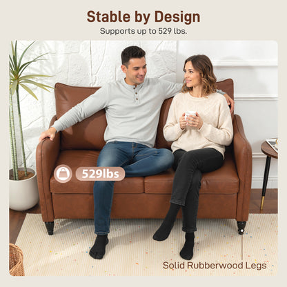 55" Loveseat Sofa, Small 2 Seater Couch with Solid Wood Legs, Modern PU Leather Upholstered Sofa for Small Spaces, Brown