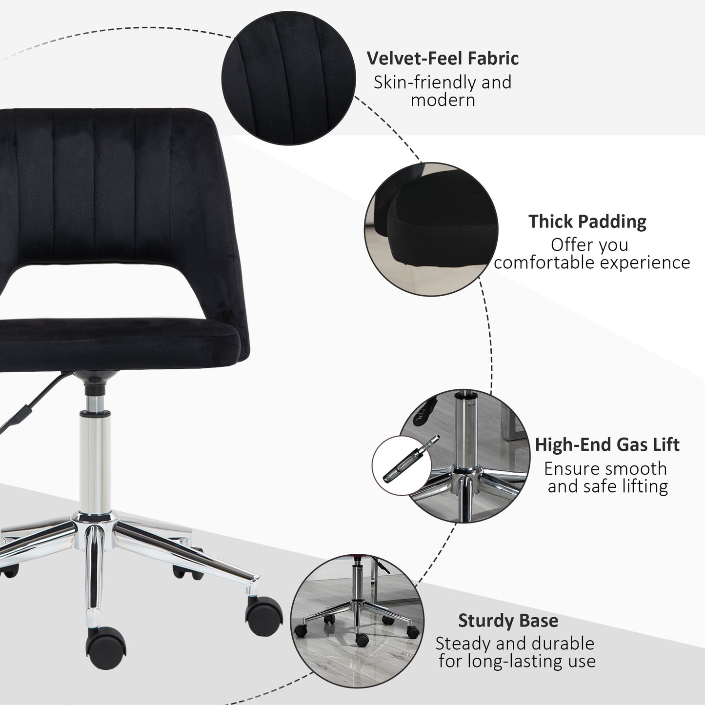 Mid Back Office Chair Velvet Fabric Swivel Scallop Shape Computer Desk Chair, Black