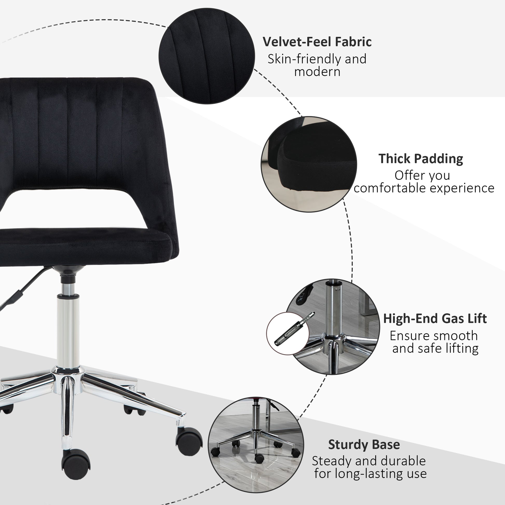 Mid Back Office Chair Velvet Fabric Swivel Scallop Shape Computer Desk Chair, Black
