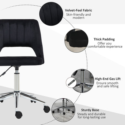 Mid Back Office Chair Velvet Fabric Swivel Scallop Shape Computer Desk Chair, Black