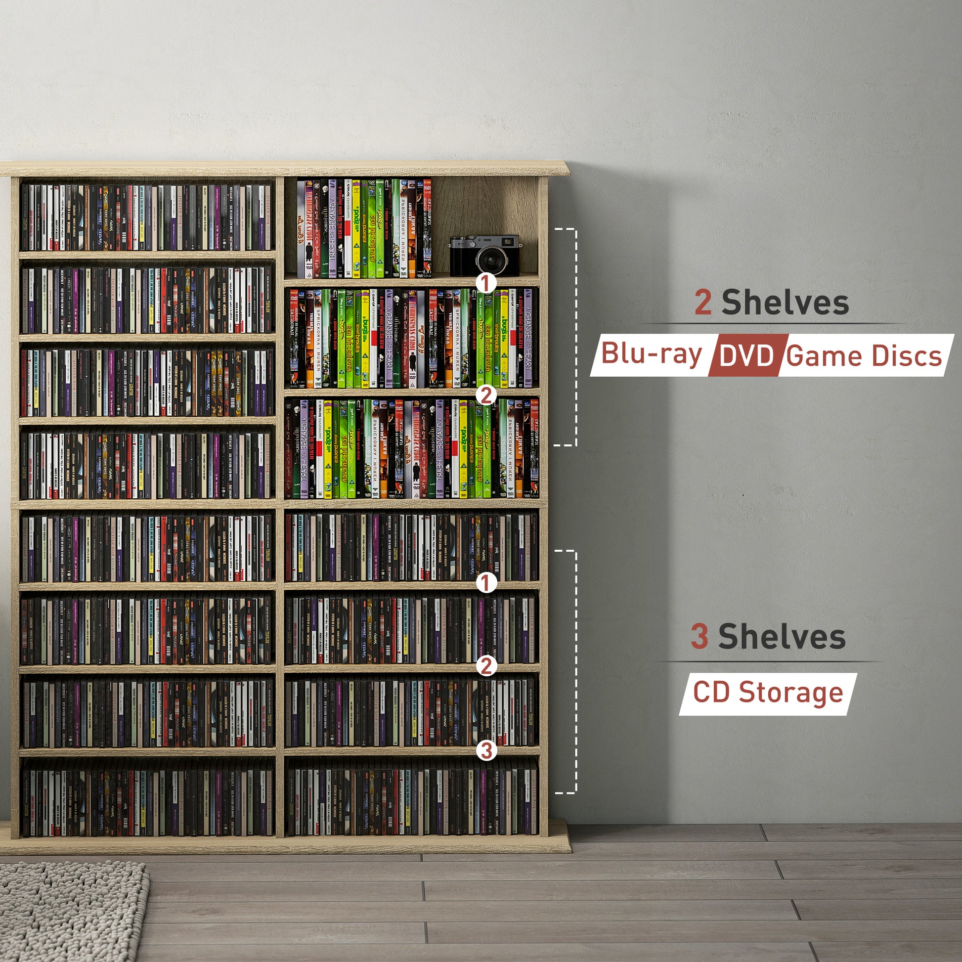 8-Tier DVD Shelf with 12 Adjustable Shelves, Double CD Shelf, Holds 720 CDs, 396 DVDs or 396 Blu-rays, Natural Wood