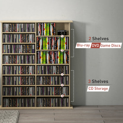 8-Tier DVD Shelf with 12 Adjustable Shelves, Double CD Shelf, Holds 720 CDs, 396 DVDs or 396 Blu-rays, Natural Wood