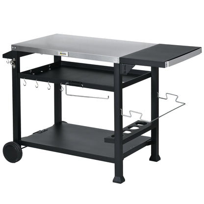 3-Shelf Outdoor Grill Cart Table with Foldable Side Table and Stainless Steel Table Top, Pizza Oven Stand on Wheels