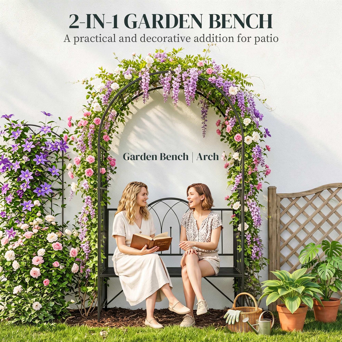 80" Tall Fairy Garden Arbor Arch with Bench Metal Outdoor Plant Climbing Support Trellis with 2 Seater Bench for Rose Vi