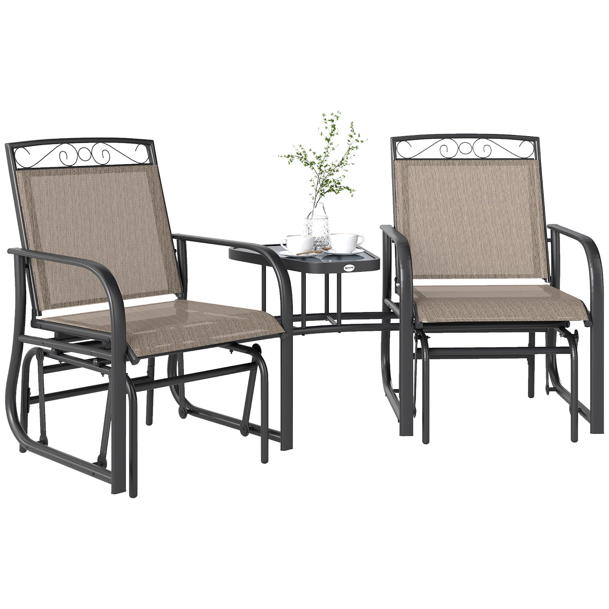 Outdoor Glider Bench with Coffee Table, Patio 2-Seat Rocking Chair Swing Loveseat with Breathable Sling for Backyard Gar