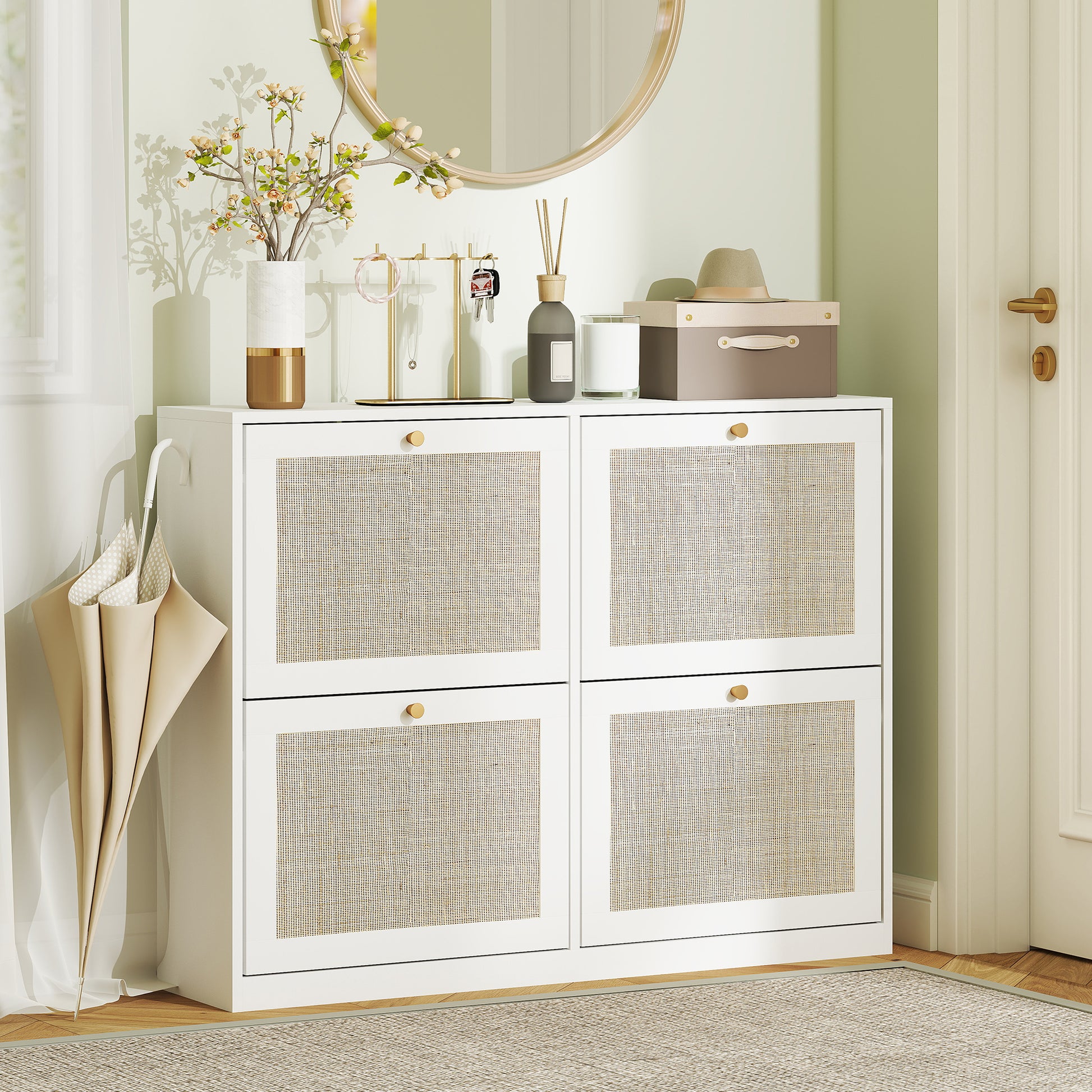 Narrow Shoe Storage Cabinet, Rattan Shoe Cabinet with 4 Flip Drawers and Adjustable Shelves for 20 Pairs, White