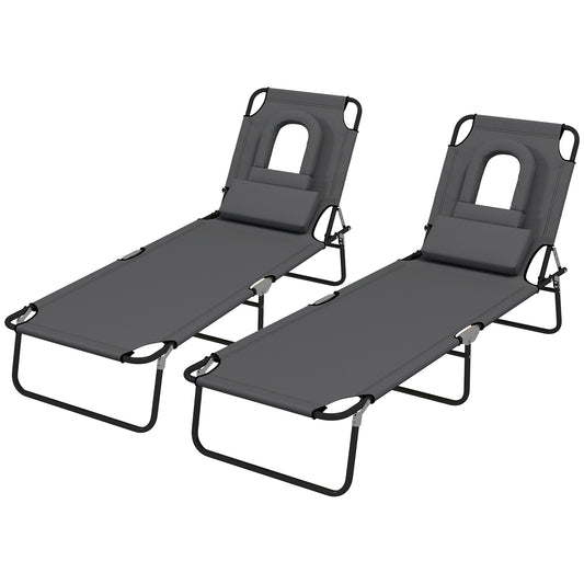 Folding Lounge Chair Set of 2, Reclining Beach Tanning Chair with Face Hole, Pillow, 4-Position Adjustable Flat Sun Loun
