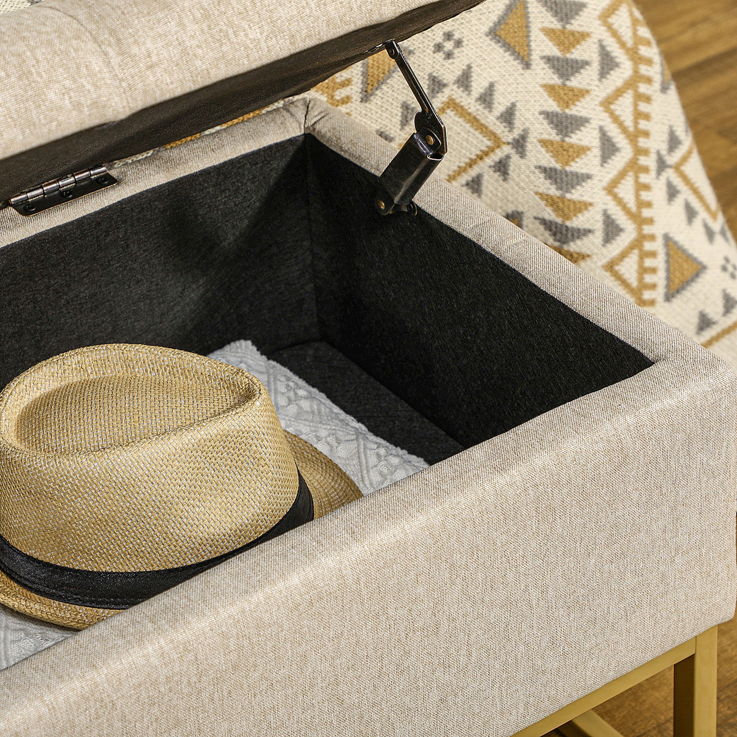 Storage Ottoman with Flip Top, Upholstered Storage Bench, Linen Fabric Footstool with Steel Legs for Living Room, Bedroo